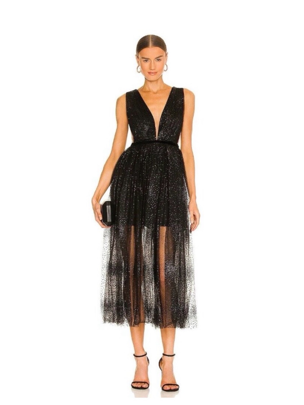 Sleeveless Black Sparkle Deep V Midi Dress